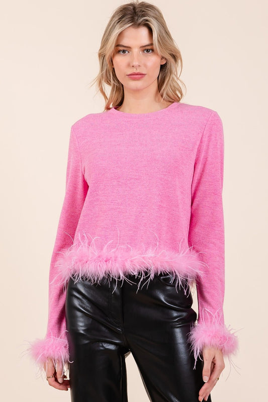 Mittoshop Feather Trim Long Sleeve Crop Hacci Knit Top Bubble Gum Shirt Apparel Clothing Tops Mittoshop Ship from USA Shirts USA Women Trendsi https://www.cyberehub.com