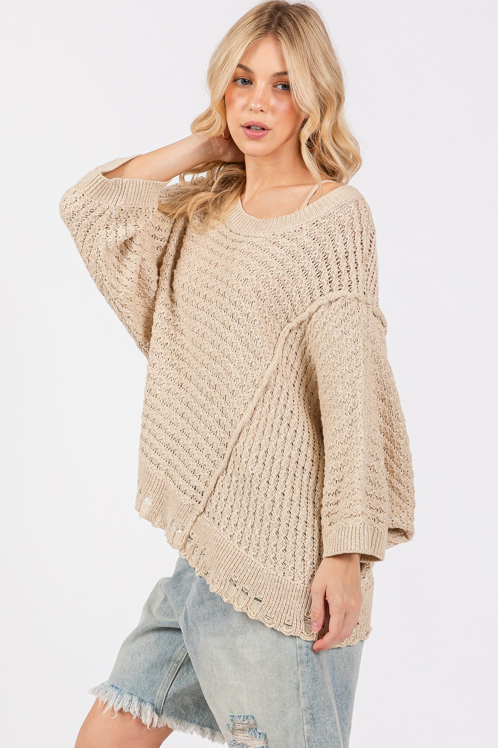 SAGE + FIG Distressed Asymmetrical Open Stitch Sweater Shirt Apparel Clothing Tops SAGE+FIG Ship from USA Shirts USA Women Trendsi https://www.cyberehub.com