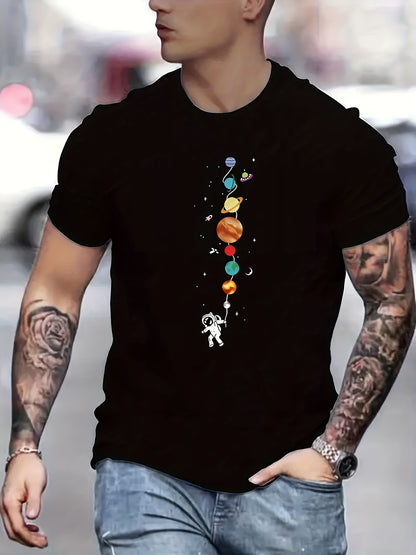 Astronaut And Planet Graphic Printed Casual Round Neck Men's Short Sleeved Shirt, Quick Drying Comfortable Casual Summer T-shirt, Suitable For Daily Wear, Exercise And Vacation Destinations Apparel/Shirt/Graphic Shirt SNULLO https://www.cyberehub.com