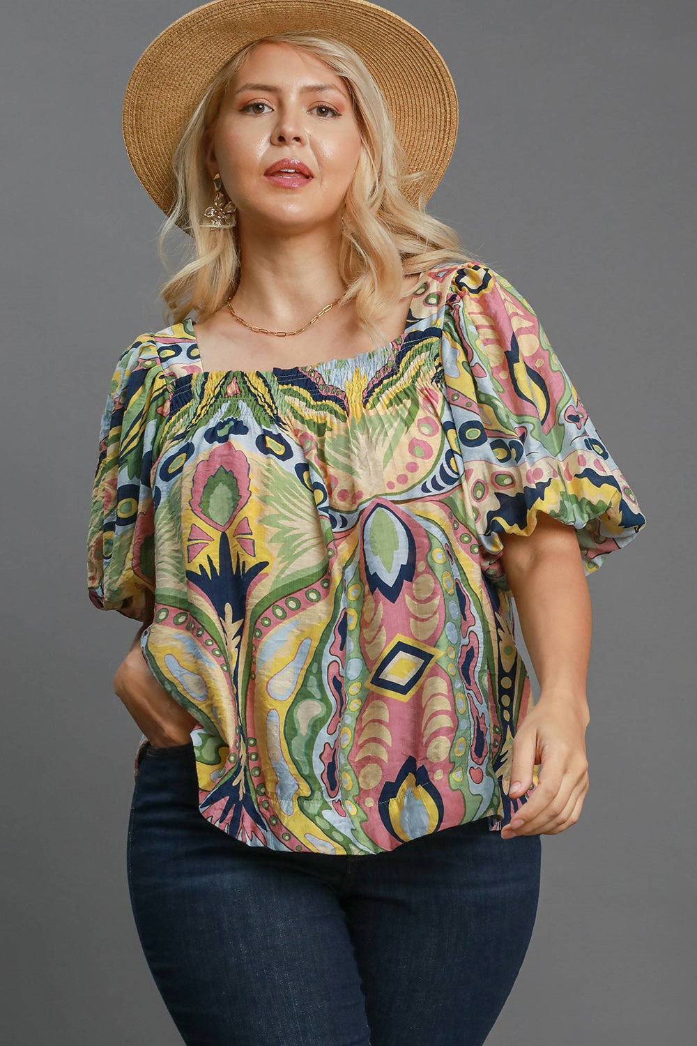 Umgee Full Size Abstract Print Smocked Square Neck Puff Sleeve Blouse Apparel/Tops Ship from USA TikTok Tops Trendsi Umgee USA USPS Walmart Walmart Apparel Trendsi https://www.cyberehub.com