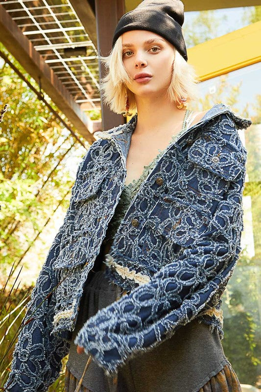 POL Flower Textured Raw Hem Long Sleeve Denim Jacket Dark Apparel Apparel POL Ship from USA TikTok Trendsi Trendsi https://www.cyberehub.com
