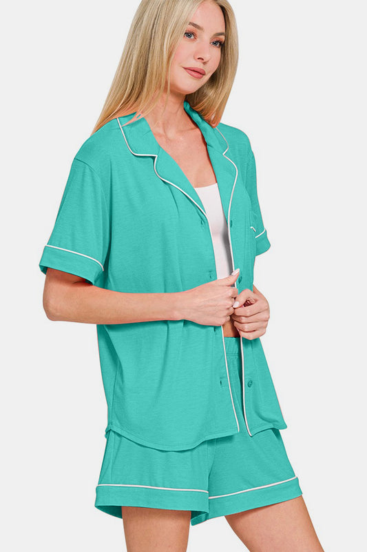 Zenana Button Down Short Sleeve Top and Shorts Lounge Set Apparel Apparel Out of stock Ship from USA TikTok Trendsi Zenana Trendsi https://www.cyberehub.com