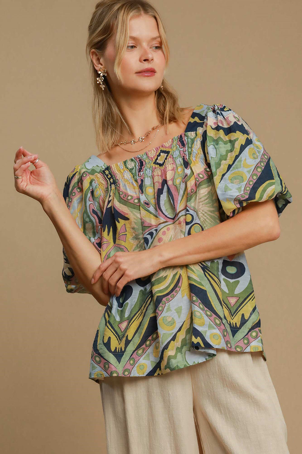 Umgee Full Size Abstract Print Smocked Square Neck Puff Sleeve Blouse Apparel/Tops Ship from USA TikTok Tops Trendsi Umgee USA USPS Walmart Walmart Apparel Trendsi https://www.cyberehub.com