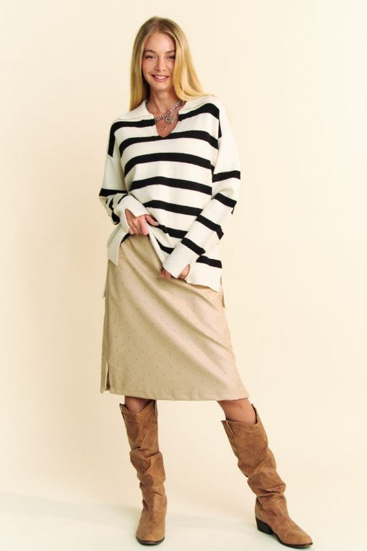 Davi & Dani High-Low Side Slit Striped Johnny Collar Sweater Tops/Jackets/Sweaters Clothing Tops Davi & Dani Ship from USA TikTok Trendsi USPS Walmart Trendsi https://www.cyberehub.com