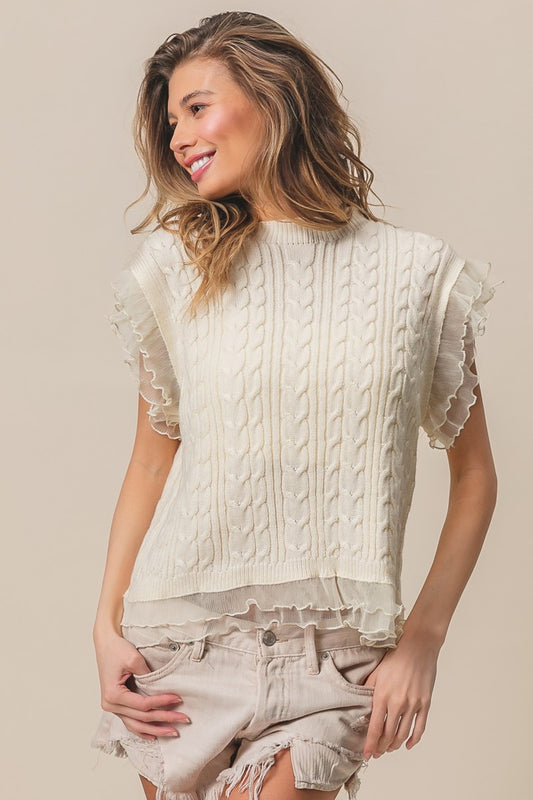 BiBi Layered Pleat Chiffon Edge Cable Knit Top Cream Shirt Apparel BiBi Clothing Tops Ship from USA Shirts USA Women Trendsi https://www.cyberehub.com