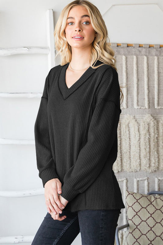 Heimish Full Size Ribbed V-Neck Exposed Seam Top Black Apparel/Tops Heimish Ship from USA TikTok Tops Trendsi USPS Walmart Walmart Apparel Trendsi https://www.cyberehub.com