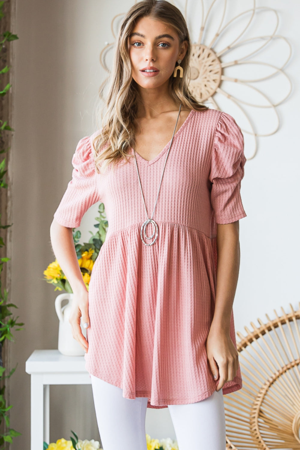 Heimish Full Size Waffle Knit V-Neck Babydoll Top Apparel/Tops Heimish Ship from USA TikTok Tops Trendsi USPS Walmart Walmart Apparel Trendsi https://www.cyberehub.com