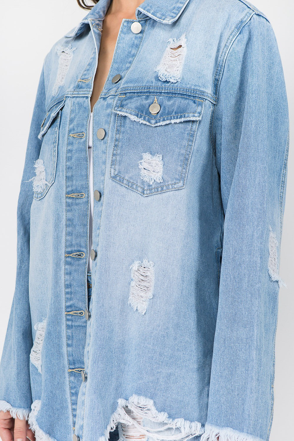 American Bazi Distressed Frayed Hem Denim Jacket Tops/Jackets/Sweaters American Bazi Clothing Tops Ship from USA TikTok Trendsi USPS Walmart Trendsi https://www.cyberehub.com