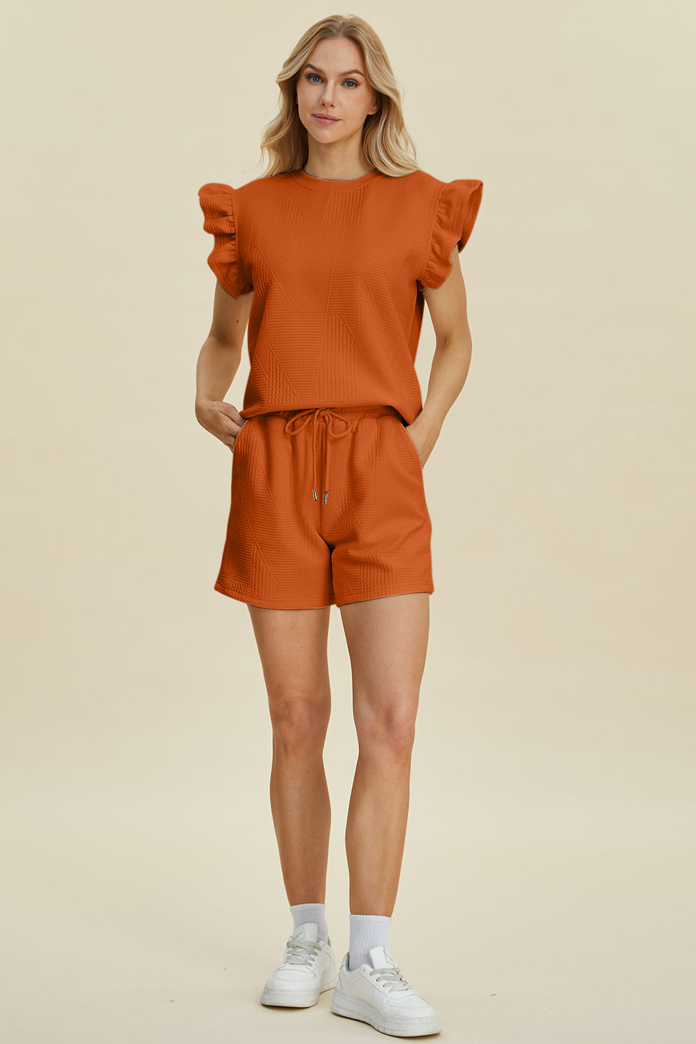 Double Take Full Size Texture Round Neck Ruffle Sleeve Top and Shorts Set Tops/Jackets/Sweaters Clothing Tops Double Take Ship from USA TikTok Trendsi USPS Walmart Trendsi https://www.cyberehub.com