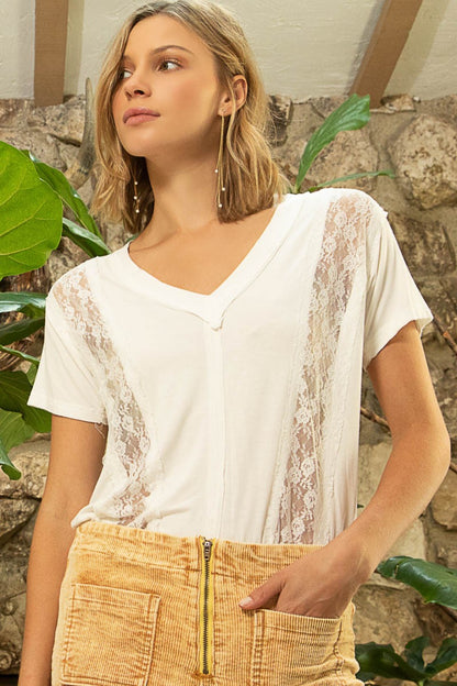 POL Inset Lace Outseam Detail Short Sleeve V-Neck T-Shirt Ivory Apparel/Tops Memorial Day Sale POL Ship from USA TikTok Tops Trendsi USPS Walmart Walmart Apparel Trendsi https://www.cyberehub.com