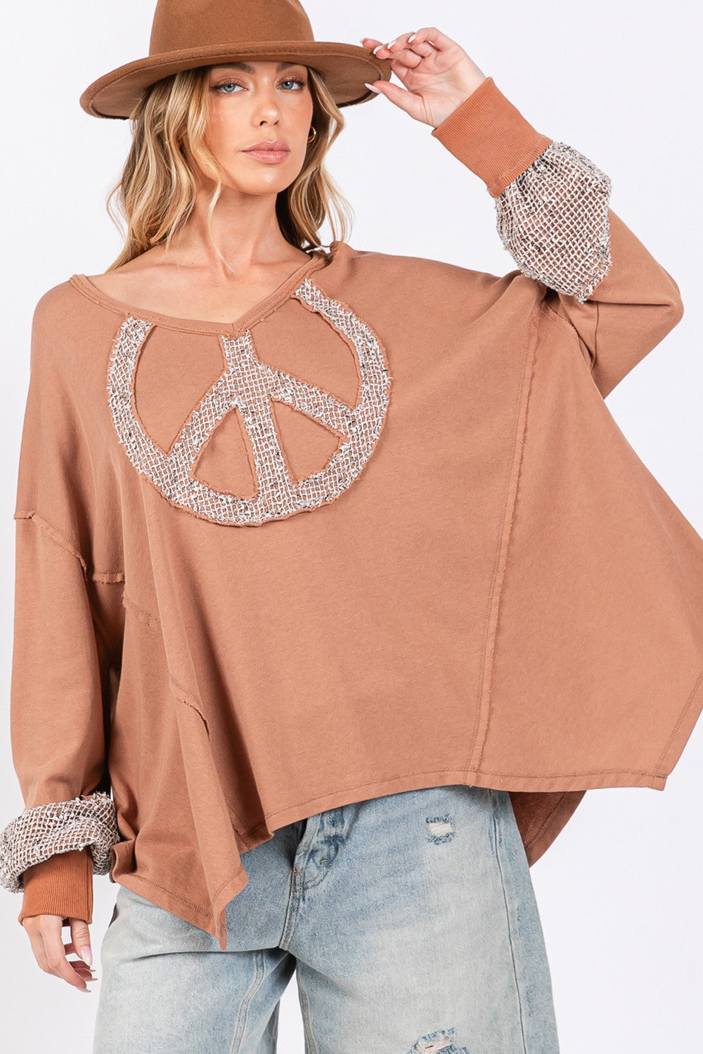 SAGE + FIG Peace Sign Mineral Wash Terry Top Camel Tops/Jackets/Sweaters Clothing Tops SAGE+FIG Ship from USA TikTok Trendsi USPS Walmart Trendsi https://www.cyberehub.com