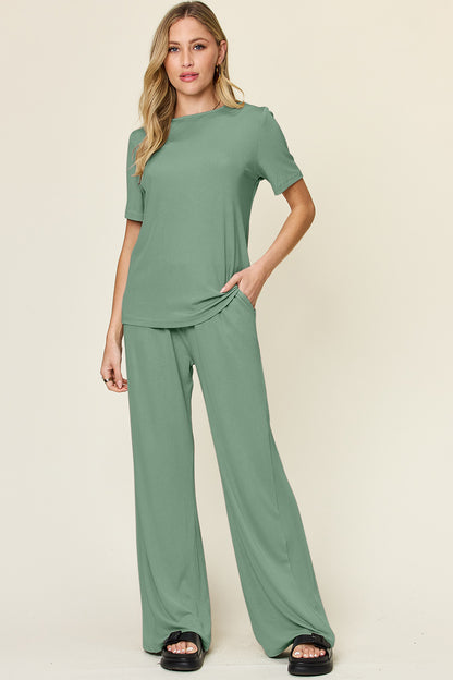 Double Take Full Size Round Neck Short Sleeve T-Shirt and Wide Leg Pants Set Light Green Apparel/Tops Double Take Ship from USA TikTok Tops Trendsi USPS Walmart Walmart Apparel Trendsi https://www.cyberehub.com