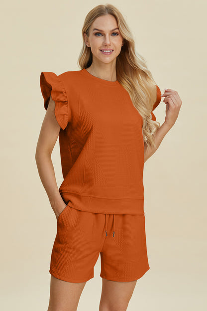 Double Take Full Size Texture Round Neck Ruffle Sleeve Top and Shorts Set Tangerine Tops/Jackets/Sweaters Clothing Tops Double Take Ship from USA TikTok Trendsi USPS Walmart Trendsi https://www.cyberehub.com