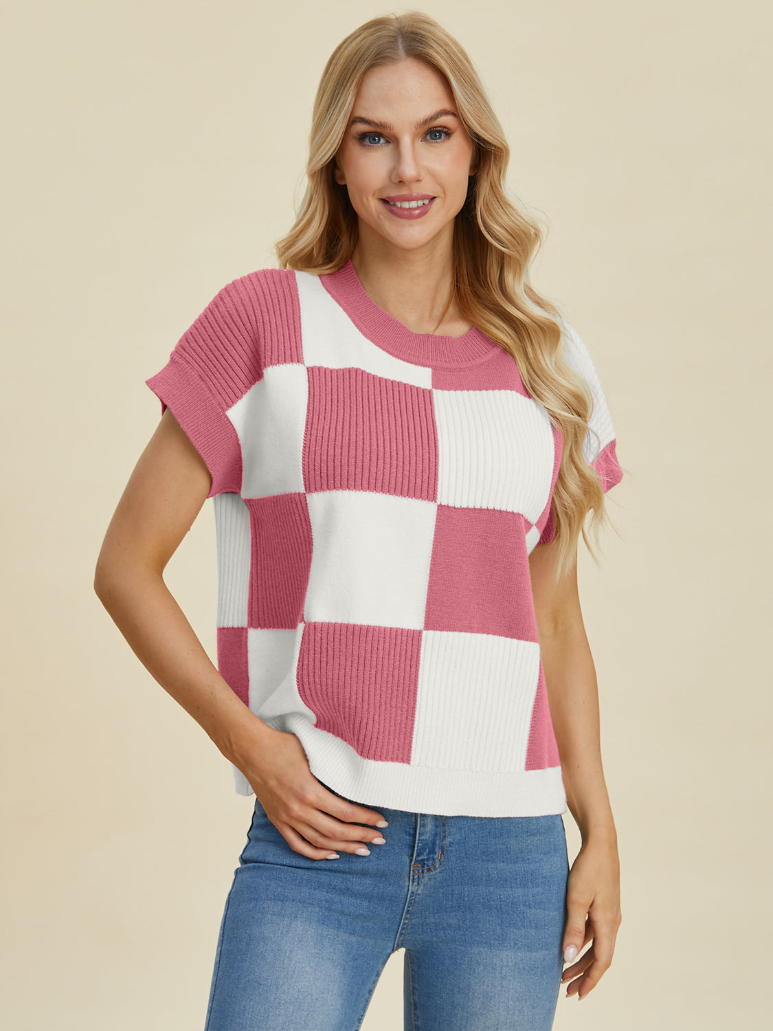Double Take Full Size Checkered Round Neck Short Sleeve Sweater Dusty Pink Shirt Apparel Clothing Tops Double Take Ship from USA Shirts USA Women Trendsi https://www.cyberehub.com