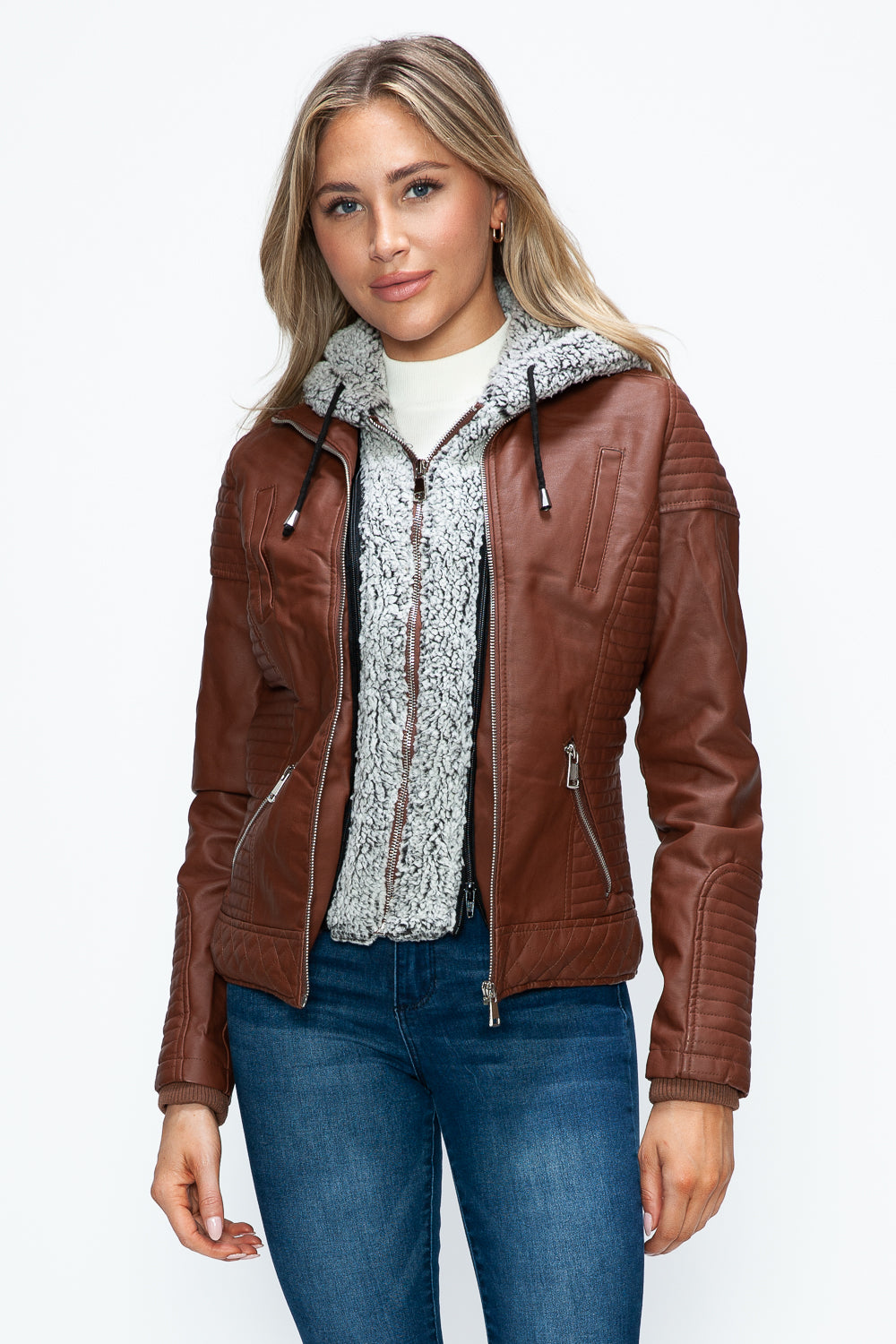 YMI Faux Layered Double-Zipper Jacket with Fuzzy Hood Tops/Jackets/Sweaters Clothing Tops Ship from USA TikTok Trendsi USPS Walmart YMI outerwear Trendsi https://www.cyberehub.com