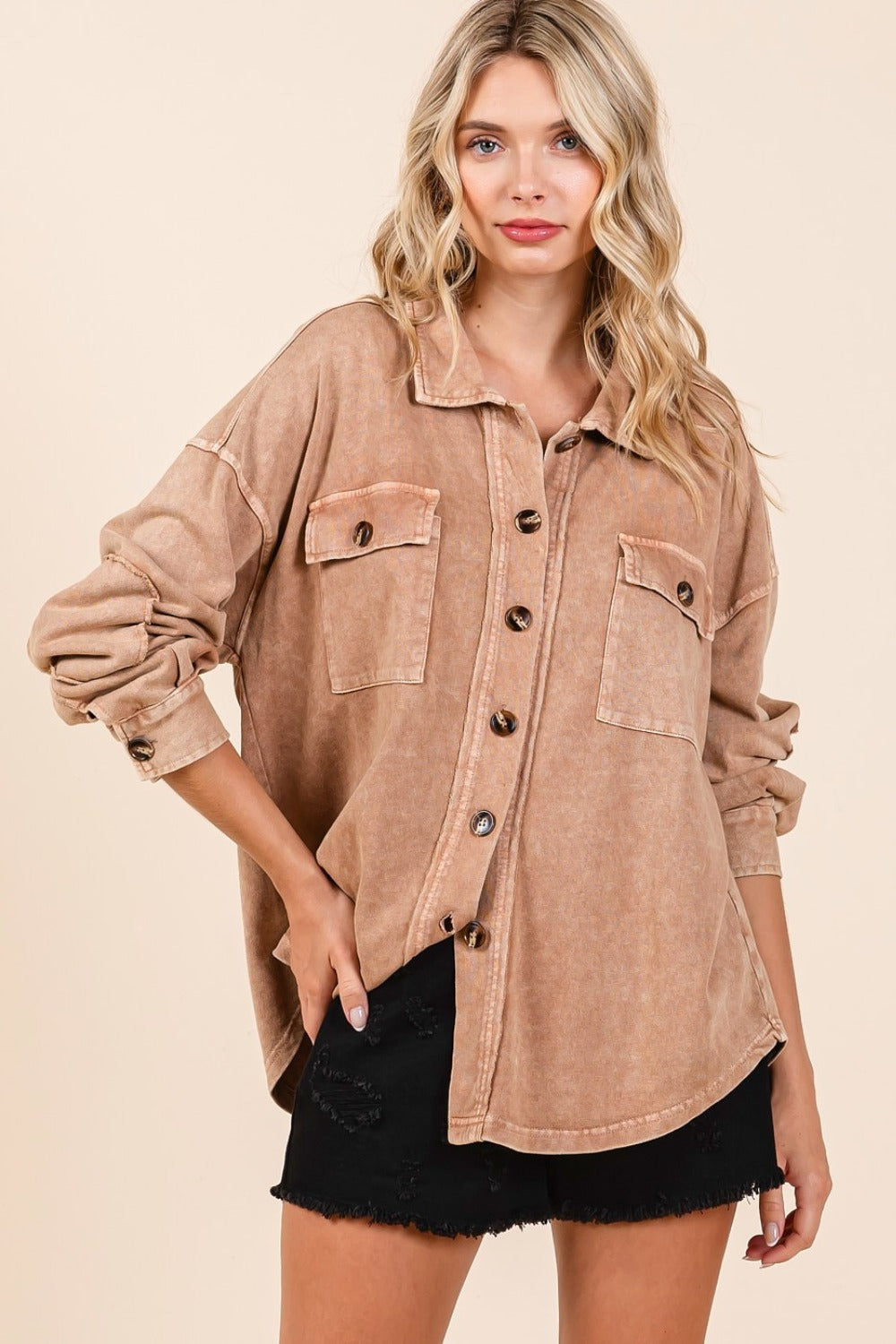 Mittoshop Mineral Wash French Terry Elbow Patch Shacket Camel Shirt Apparel Clothing Tops Mittoshop Ship from USA Shirts USA Women Trendsi https://www.cyberehub.com
