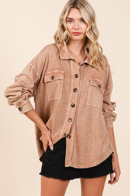Mittoshop Mineral Wash French Terry Elbow Patch Shacket Camel Shirt Apparel Clothing Tops Mittoshop Ship from USA Shirts USA Women Trendsi https://www.cyberehub.com