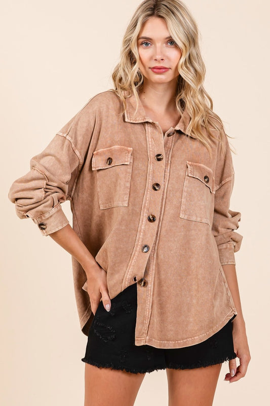 Mittoshop Mineral Wash French Terry Elbow Patch Shacket Camel Shirt Apparel Clothing Tops Mittoshop Ship from USA Shirts USA Women Trendsi https://www.cyberehub.com