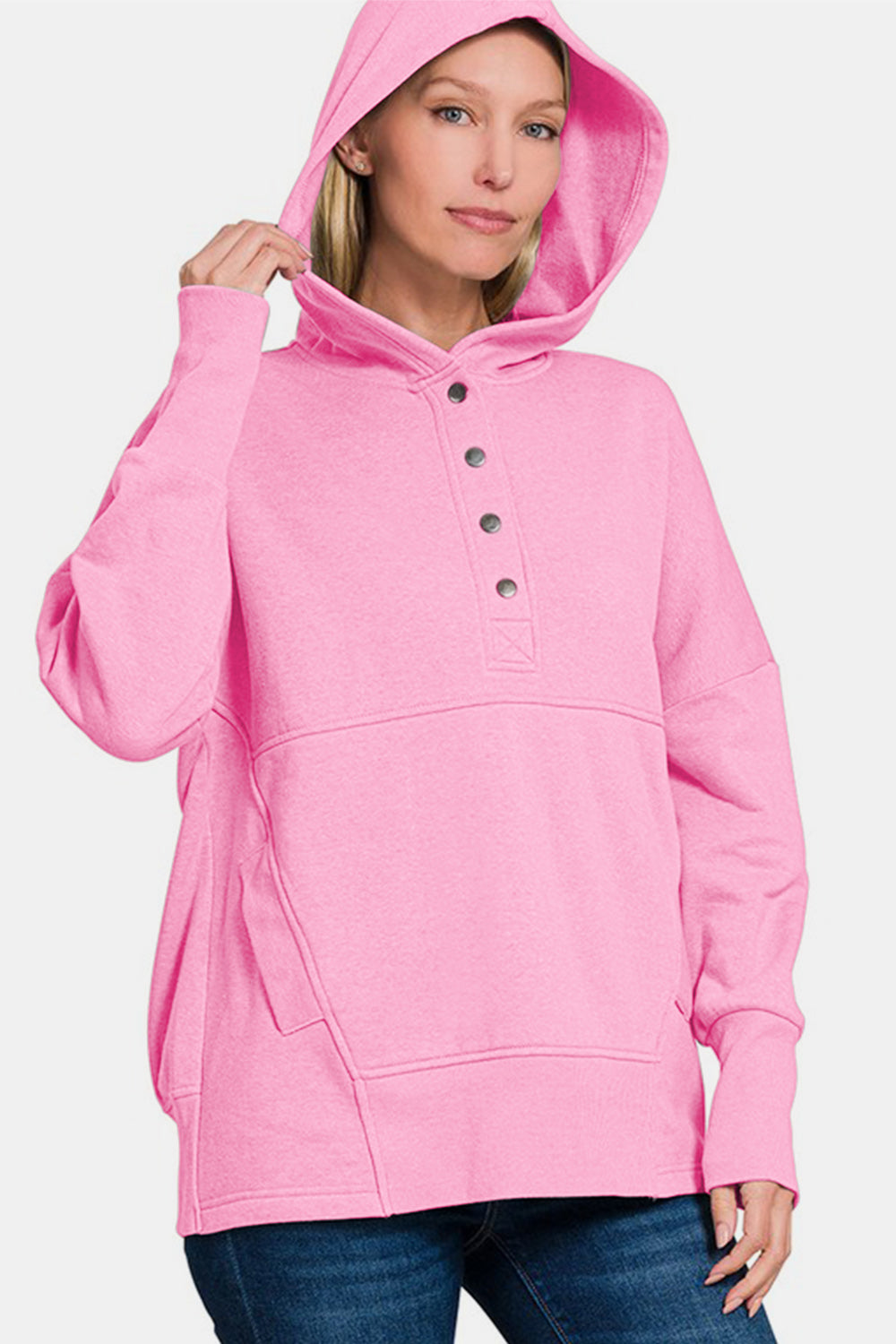 Zenana Half Snap Long Sleeve Hoodie with Kangaroo Pocket Apparel/Tops Ship from USA TikTok Tops Trendsi USPS Walmart Walmart Apparel Zenana Trendsi https://www.cyberehub.com