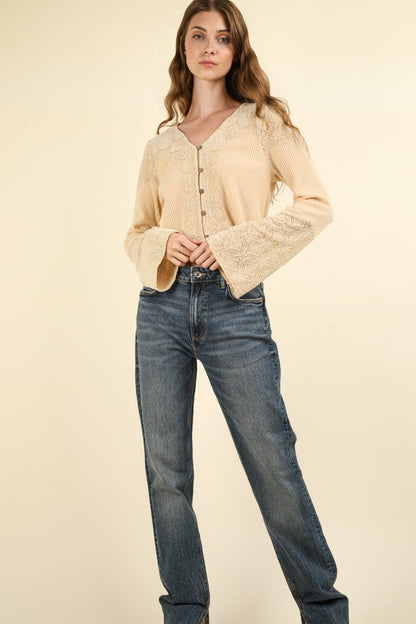 VERY J V-Neck Lace Detail Button Down Crop Ribbed Knit Top Shirt Apparel Clothing Tops Ship from USA Shirts USA VERY J Women Trendsi https://www.cyberehub.com