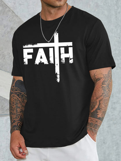 Large Men's Casual Fashion Sports T-shirt, Faith Pattern Round Neck Comfortable T-shirt Summer Clothing Apparel/Shirt/Graphic Shirt SNULLO https://www.cyberehub.com