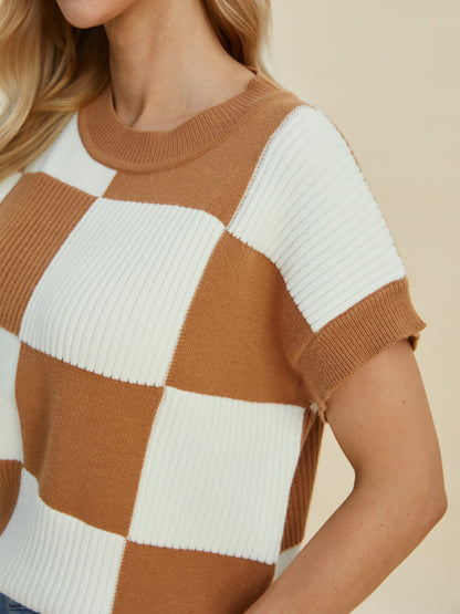 Double Take Full Size Checkered Round Neck Short Sleeve Sweater Shirt Apparel Clothing Tops Double Take Ship from USA Shirts USA Women Trendsi https://www.cyberehub.com