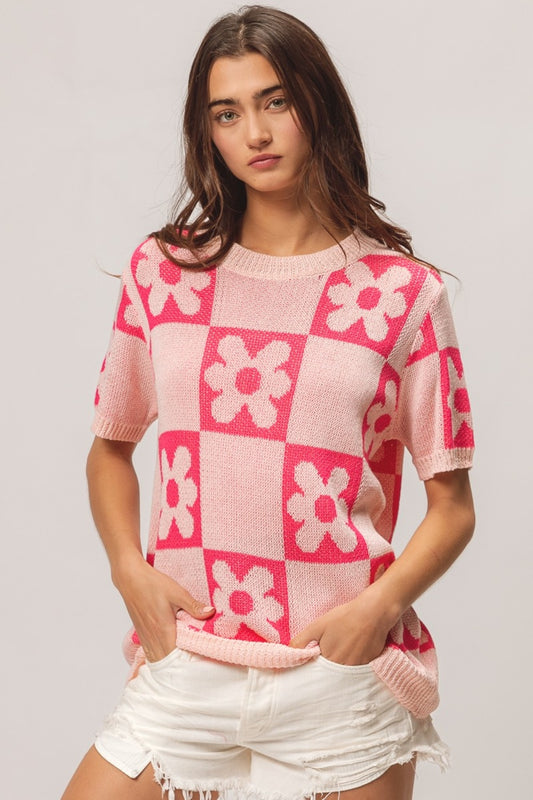 BiBi Flower Checker Pattern Short Sleeve Sweater Blush Fuchsia Shirt Apparel BiBi Clothing Tops Ship from USA Shirts USA Women Trendsi https://www.cyberehub.com