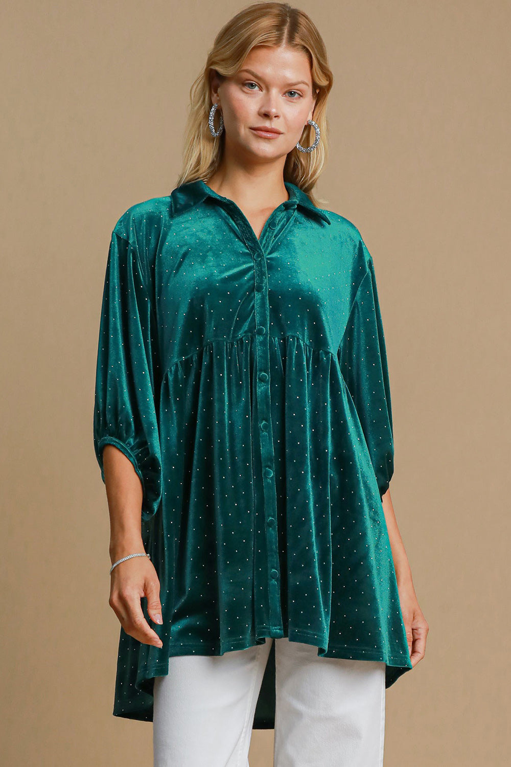Umgee Full Size Polka Dot Collared Neck Button Up Shirt Teal Green Apparel/Tops Ship from USA TikTok Tops Trendsi Umgee USA USPS Walmart Walmart Apparel Trendsi https://www.cyberehub.com