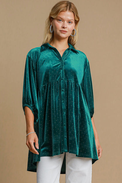 Umgee Full Size Polka Dot Collared Neck Button Up Shirt Teal Green Apparel/Tops Ship from USA TikTok Tops Trendsi Umgee USA USPS Walmart Walmart Apparel Trendsi https://www.cyberehub.com
