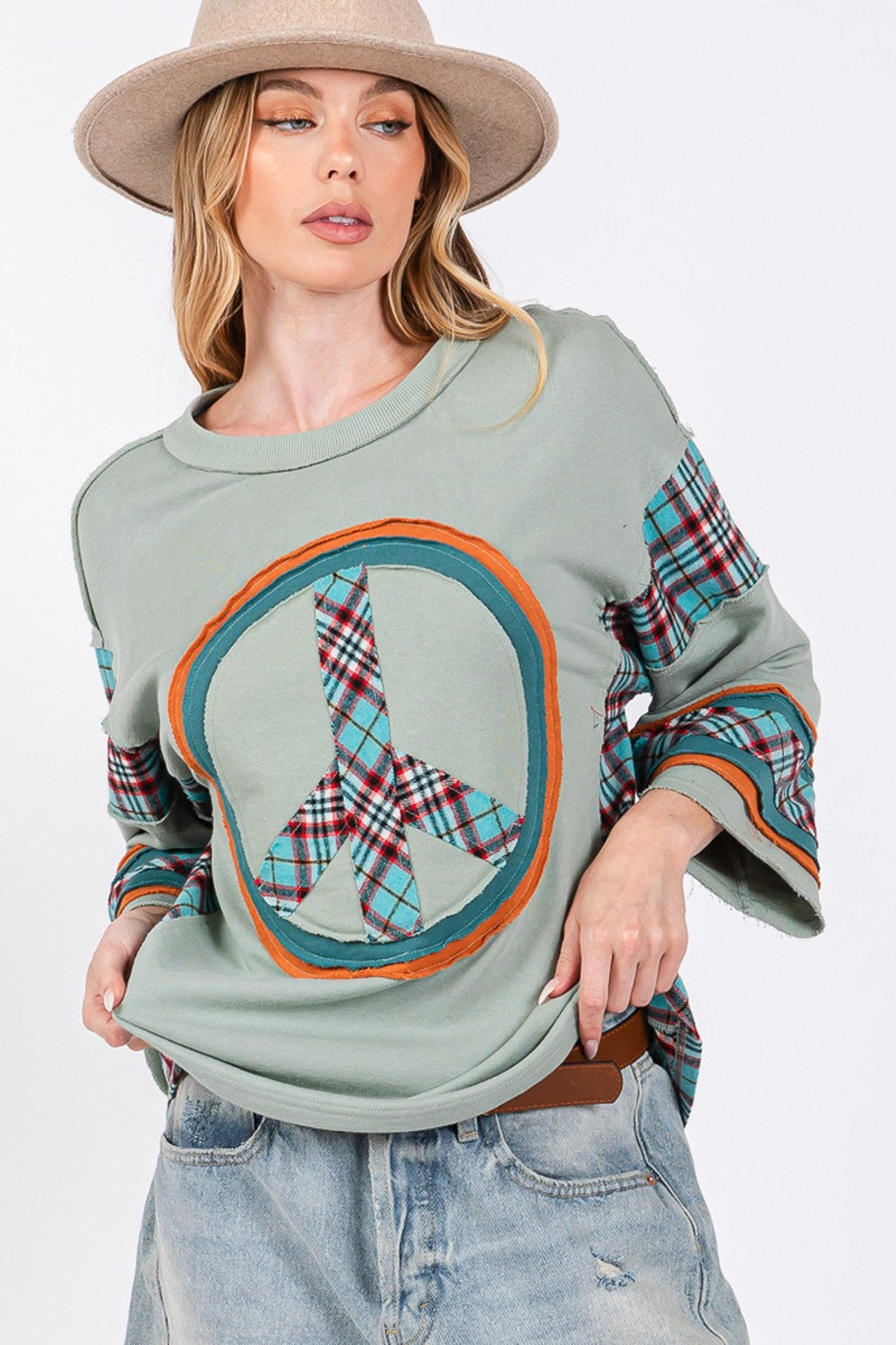SAGE + FIG Peace Applique Patch Contrast Plaid Top Tops/Jackets/Sweaters Clothing Tops SAGE+FIG Ship from USA TikTok Trendsi USPS Walmart Trendsi https://www.cyberehub.com