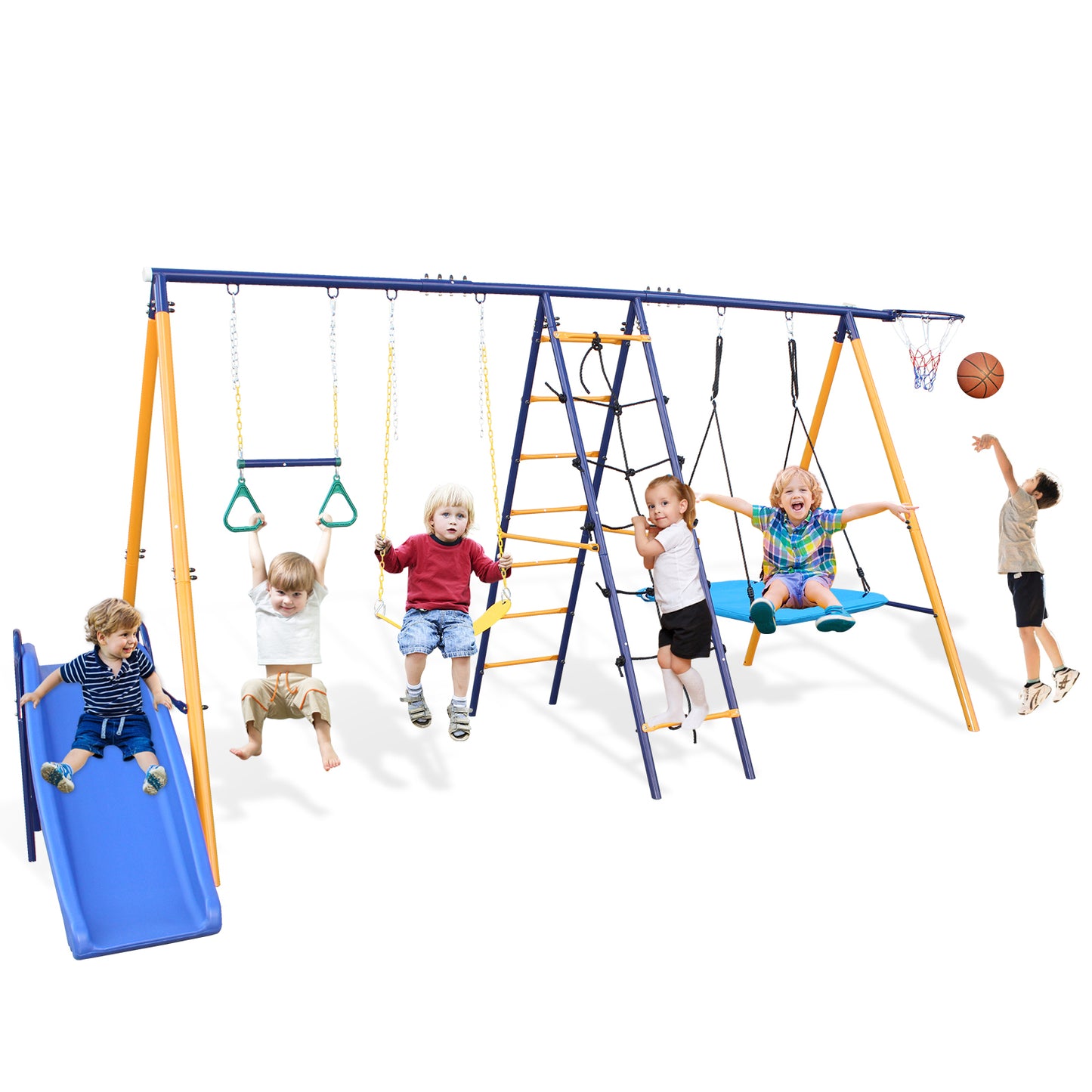 500 lbs 7 in 1 Swing Set for Kids Backyard Outdoor A-Frame Heavy-Duty Metal Swing Sets with Slide, 2 Swing Seats, 1 Climbing Net & Ladder, 1 Gym Ring, 1 Basket Giga GNJ Kids Toys Giga https://www.cyberehub.com