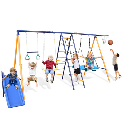 500 lbs 7 in 1 Swing Set for Kids Backyard Outdoor A-Frame Heavy-Duty Metal Swing Sets with Slide, 2 Swing Seats, 1 Climbing Net & Ladder, 1 Gym Ring, 1 Basket Giga GNJ Kids Toys Giga https://www.cyberehub.com
