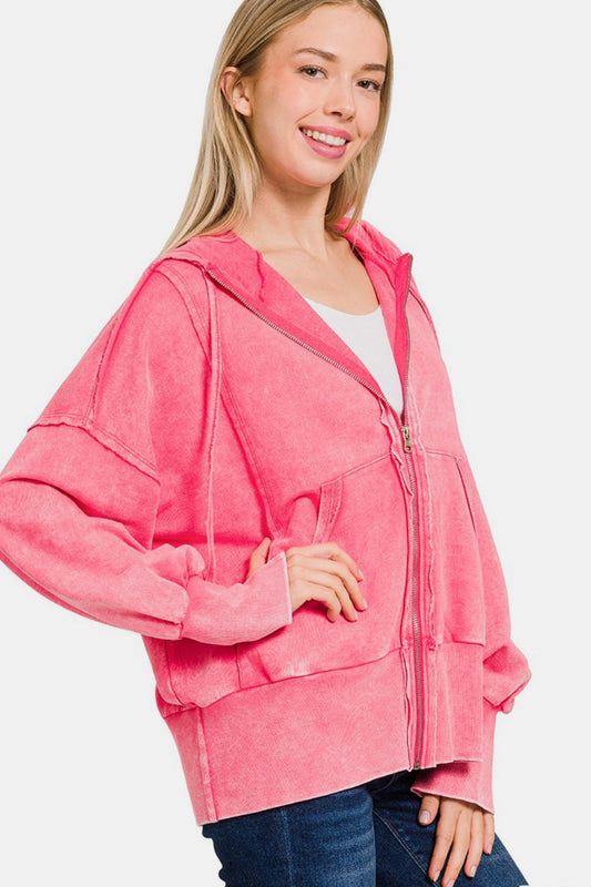 Zenana Acid Washed French Terry Zip-Up Hoodie with Pockets Shirt Apparel Clothing Tops Ship from USA Shirts USA Women Zenana Trendsi https://www.cyberehub.com