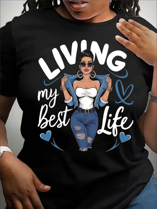 Women's Casual Crew Neck T-Shirt With Living My Best Life Portrait Graphic Print, Polyester Knit Fabric, All Season Comfort Fit, Short Sleeve Tee Apparel/Shirt/Graphic Shirt SNULLO https://www.cyberehub.com