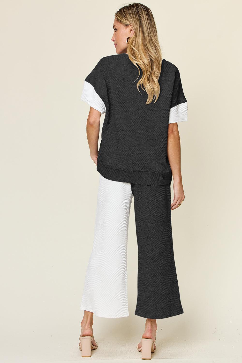 Double Take Full Size Texture Contrast T-Shirt and Wide Leg Pants Set Apparel/Tops Double Take Ship from USA TikTok Tops Trendsi USPS Walmart Walmart Apparel Trendsi https://www.cyberehub.com