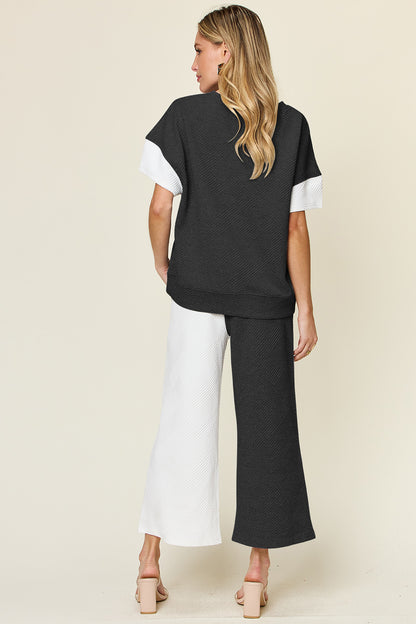 Double Take Full Size Texture Contrast T-Shirt and Wide Leg Pants Set Apparel/Tops Double Take Ship from USA TikTok Tops Trendsi USPS Walmart Walmart Apparel Trendsi https://www.cyberehub.com