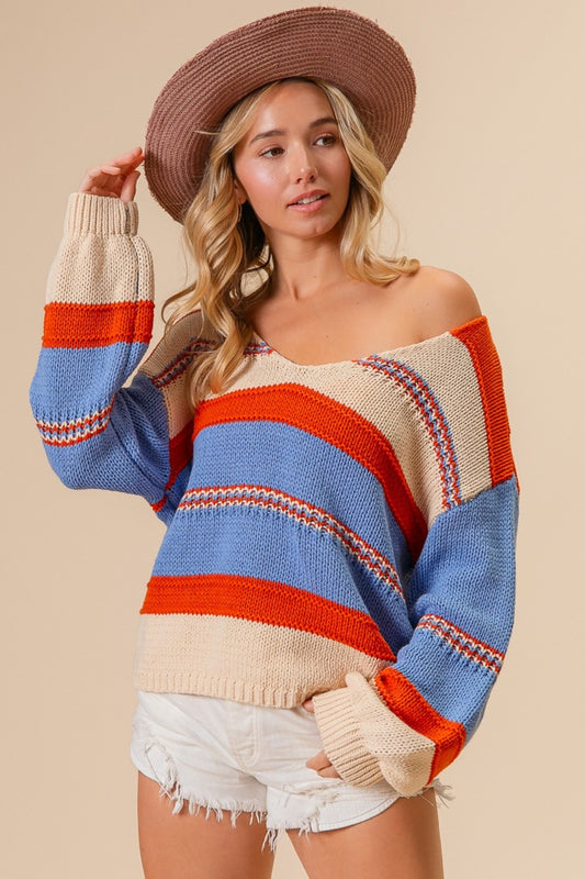 BiBi Multi Color Stripe Scoop Neck Sweater Rust Oatmeal Blue Shirt Apparel BiBi Clothing Tops Ship from USA Shirts USA Women Trendsi https://www.cyberehub.com