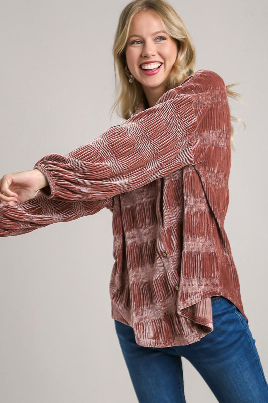 Umgee Ruched Tiered Button Up Shirt Red Bean Apparel/Tops Ship from USA TikTok Tops Trendsi Umgee USA USPS Walmart Walmart Apparel Trendsi https://www.cyberehub.com