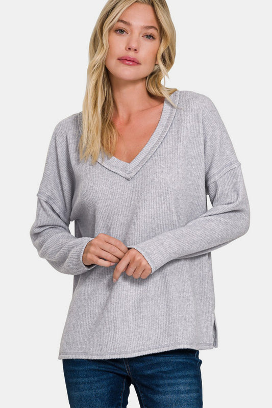 Zenana Full Size Ribbed V-Neck Drop Shoulder Top H Grey Apparel/Tops Ship from USA TikTok Tops Trendsi USPS Walmart Walmart Apparel Zenana Trendsi https://www.cyberehub.com