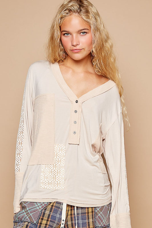 POL V-Neck Long Sleeve Floral Contrast Top Oatmeal Tops/Jackets/Sweaters Clothing Tops POL Ship from USA TikTok Trendsi USPS Walmart Trendsi https://www.cyberehub.com