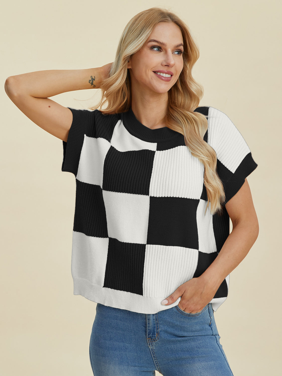Double Take Full Size Checkered Round Neck Short Sleeve Sweater Shirt Apparel Clothing Tops Double Take Ship from USA Shirts USA Women Trendsi https://www.cyberehub.com