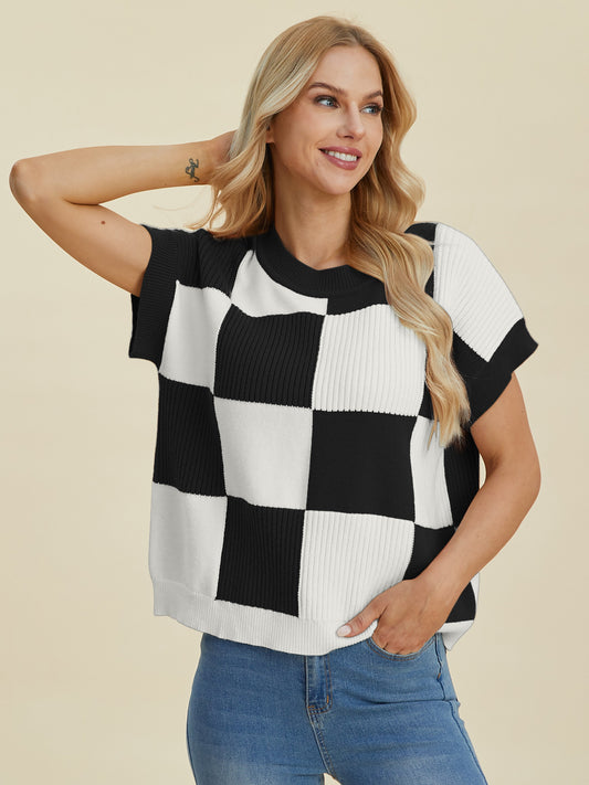 Double Take Full Size Checkered Round Neck Short Sleeve Sweater Shirt Apparel Clothing Tops Double Take Ship from USA Shirts USA Women Trendsi https://www.cyberehub.com