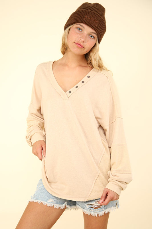 VERY J Washed V-Neck Exposed Seam Knit Top Beige Shirt Apparel Clothing Tops price-change-job-active Ship from USA Shirts USA VERY J Women Trendsi https://www.cyberehub.com