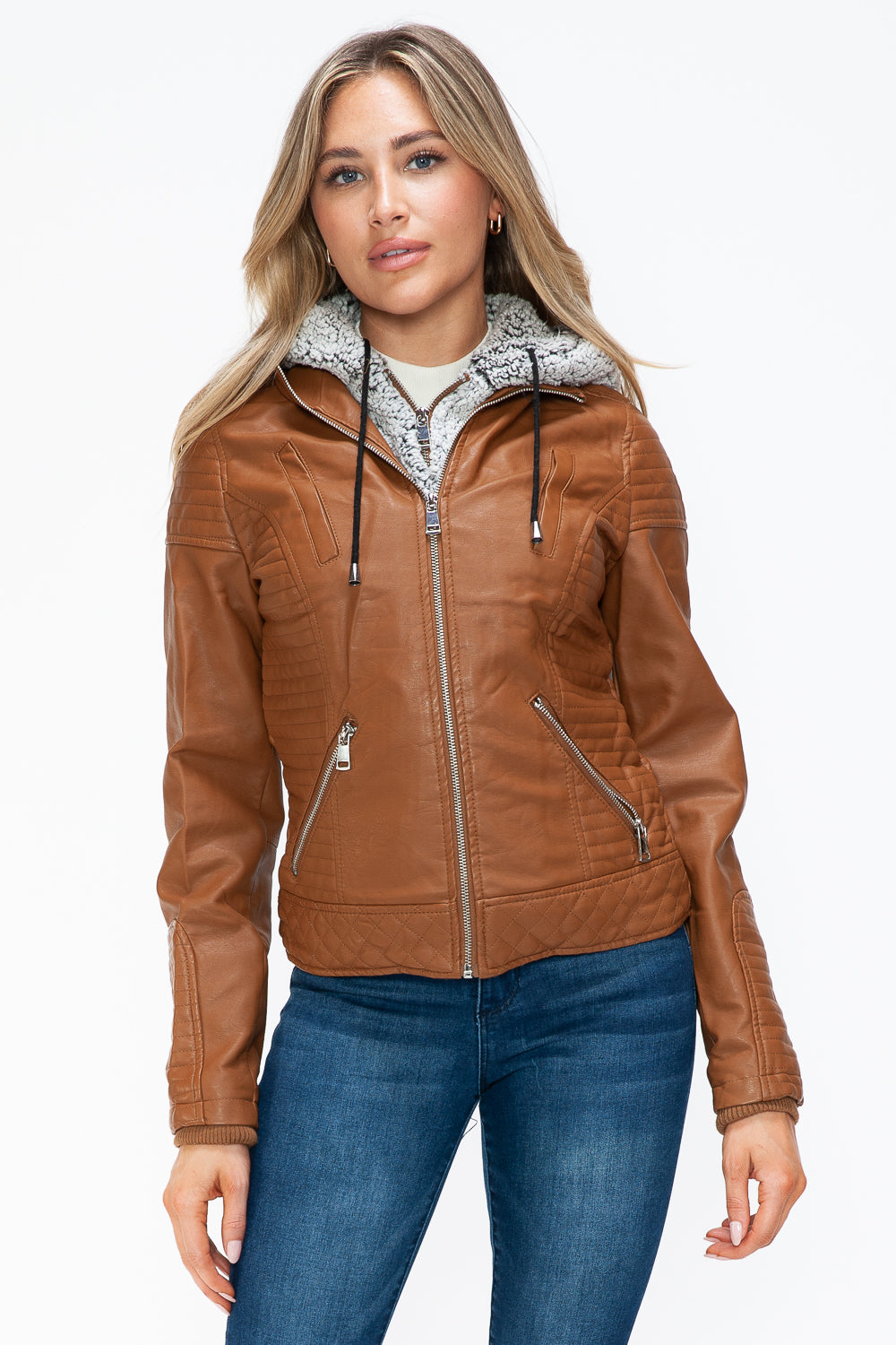 YMI Faux Layered Double-Zipper Jacket with Fuzzy Hood Camel Tops/Jackets/Sweaters Clothing Tops Ship from USA TikTok Trendsi USPS Walmart YMI outerwear Trendsi https://www.cyberehub.com