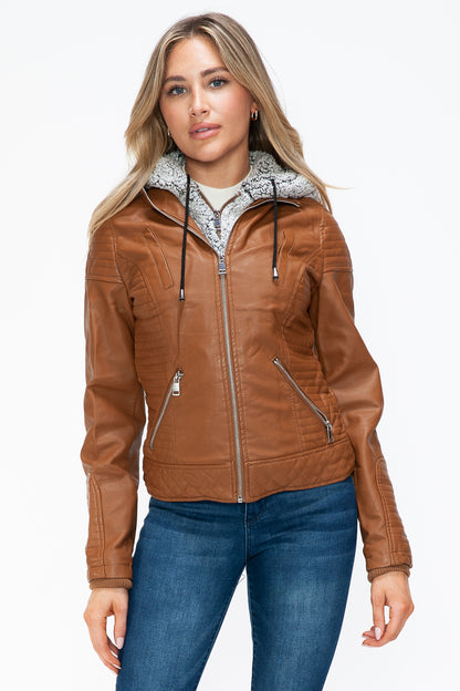 YMI Faux Layered Double-Zipper Jacket with Fuzzy Hood Camel Tops/Jackets/Sweaters Clothing Tops Ship from USA TikTok Trendsi USPS Walmart YMI outerwear Trendsi https://www.cyberehub.com