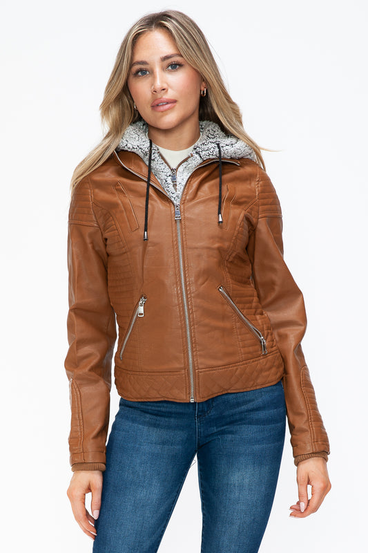 YMI Faux Layered Double-Zipper Jacket with Fuzzy Hood Camel Tops/Jackets/Sweaters Clothing Tops Ship from USA TikTok Trendsi USPS Walmart YMI outerwear Trendsi https://www.cyberehub.com