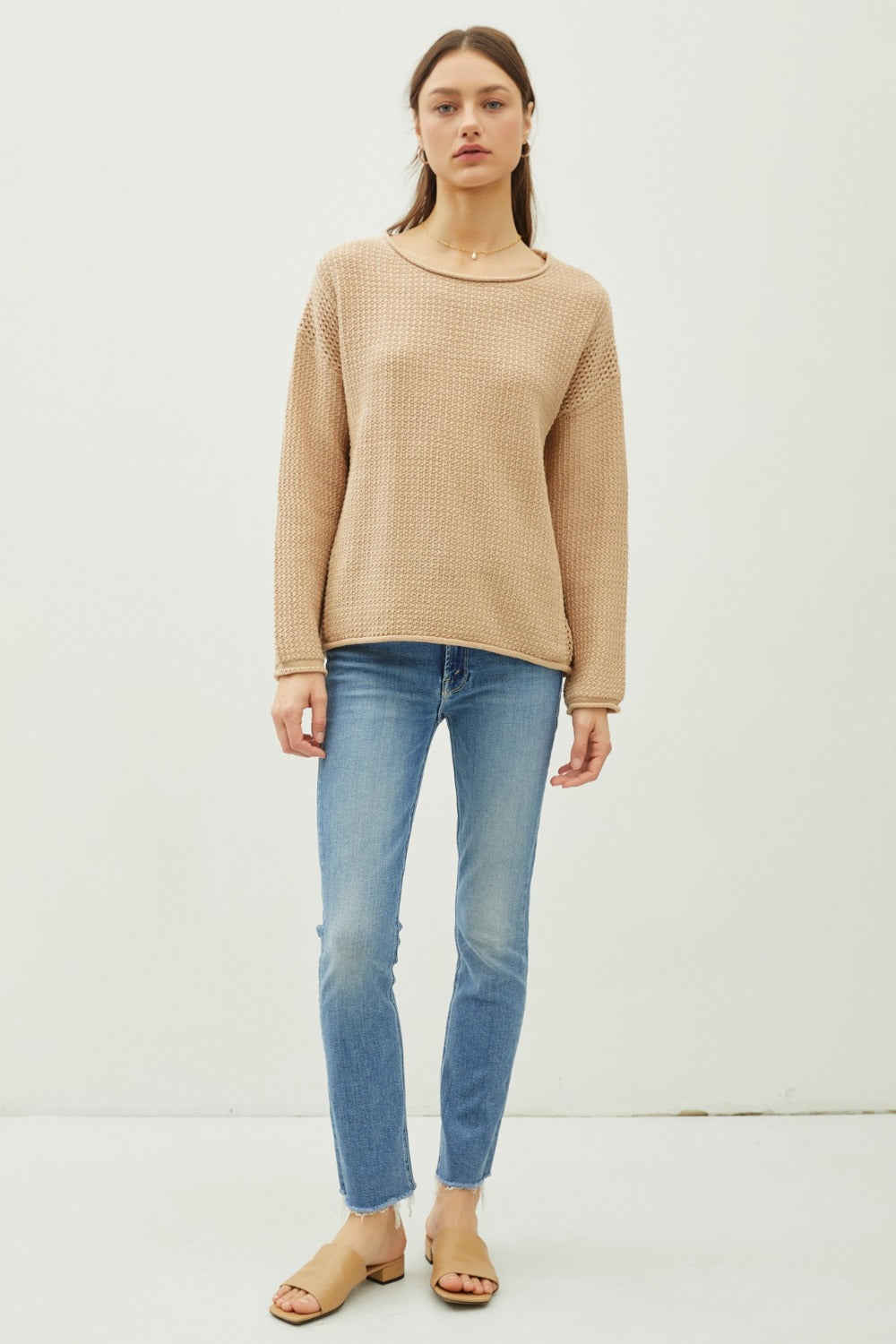 Be Cool Rolled Openwork Round Neck Sweater Tops/Jackets/Sweaters BE COOL Clothing Tops Ship from USA TikTok Trendsi USPS Walmart Trendsi https://www.cyberehub.com