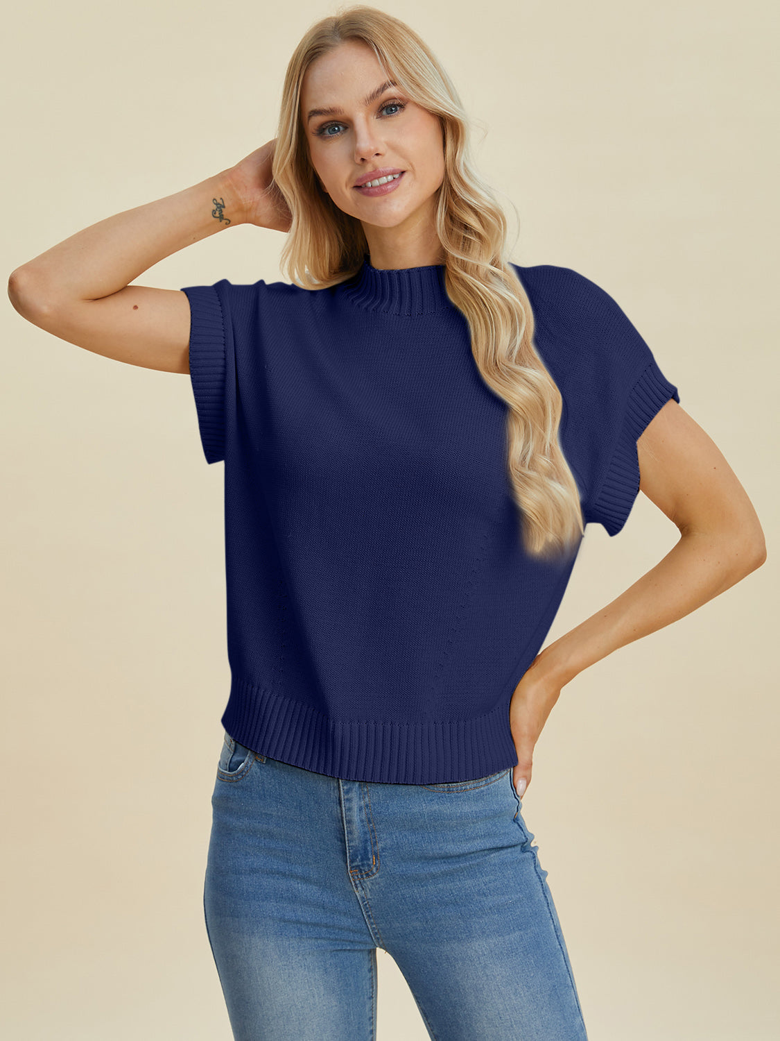 Double Take Full Size Mock Neck Short Sleeve Sweater Shirt Apparel Clothing Tops Double Take Ship from USA Shirts USA Women Trendsi https://www.cyberehub.com