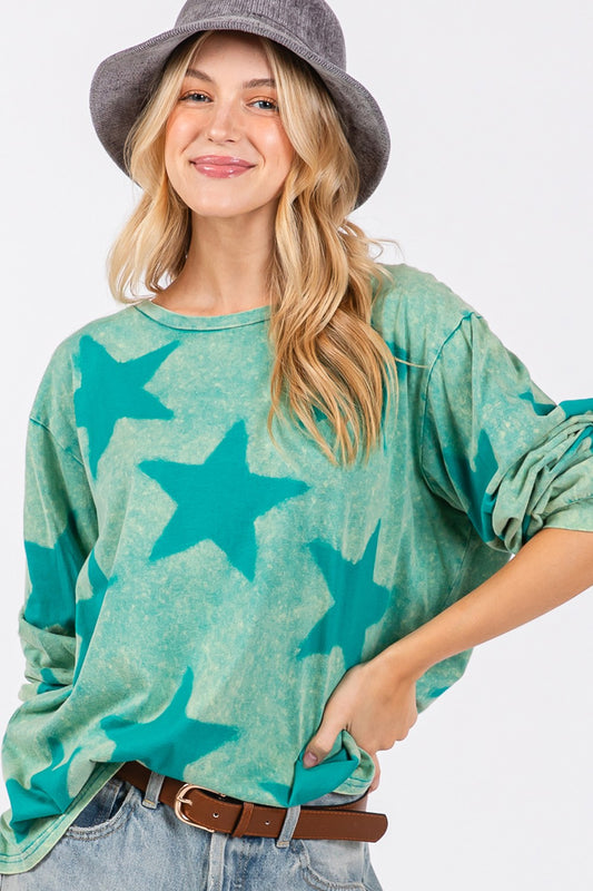 SAGE + FIG Mineral Wash Star Pattern T-Shirt Turquoise Apparel/Tops SAGE+FIG Ship from USA TikTok Tops Trendsi USPS Walmart Walmart Apparel Trendsi https://www.cyberehub.com
