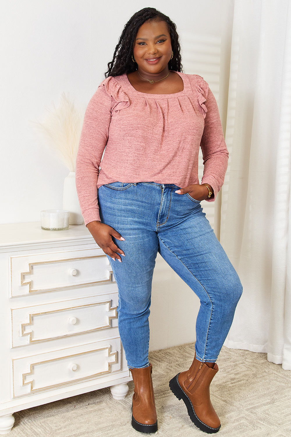 Double Take Square Neck Ruffle Shoulder Long Sleeve T-Shirt Apparel/Tops Double Take Ship from USA TikTok Tops Trendsi USPS Walmart Walmart Apparel Trendsi https://www.cyberehub.com